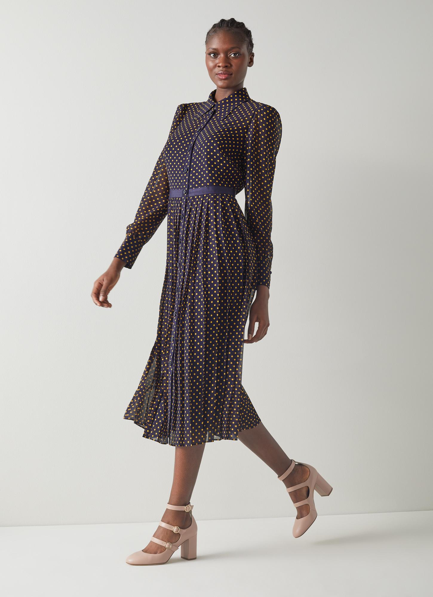 Tallis Navy And Yellow Spot Print Pleated Shirt Dress Shirt Dresses Dresses Clothing Collections L.K.Bennett London